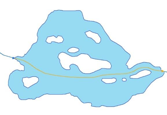 An image of a hydrographic polygon with one orange lines representing artificial path features.