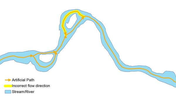 An image of a hydrographic polygon with several orange lines representing artificial path features. One of the artificial pat