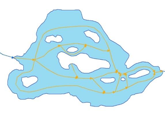 An image of a hydrographic polygon with many orange lines representing artificial path features.