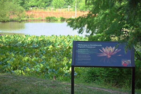 A welcome sign stands near the entrance to Kenilworth Aquatic Gardens.