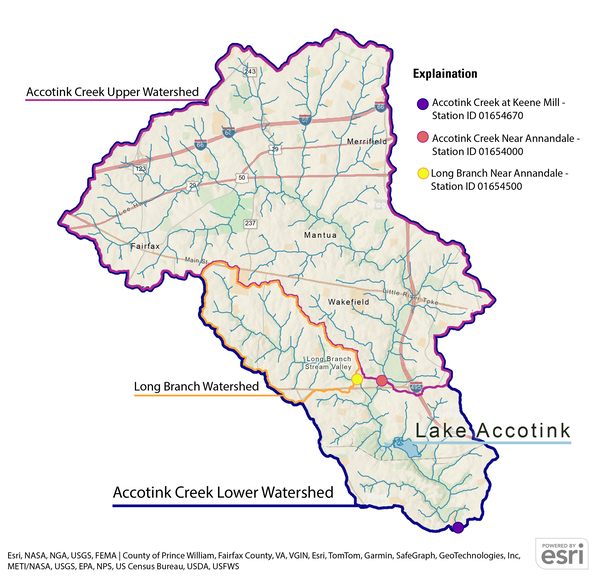A map of the Accotink Creek watershed with the Lake Accotink study area