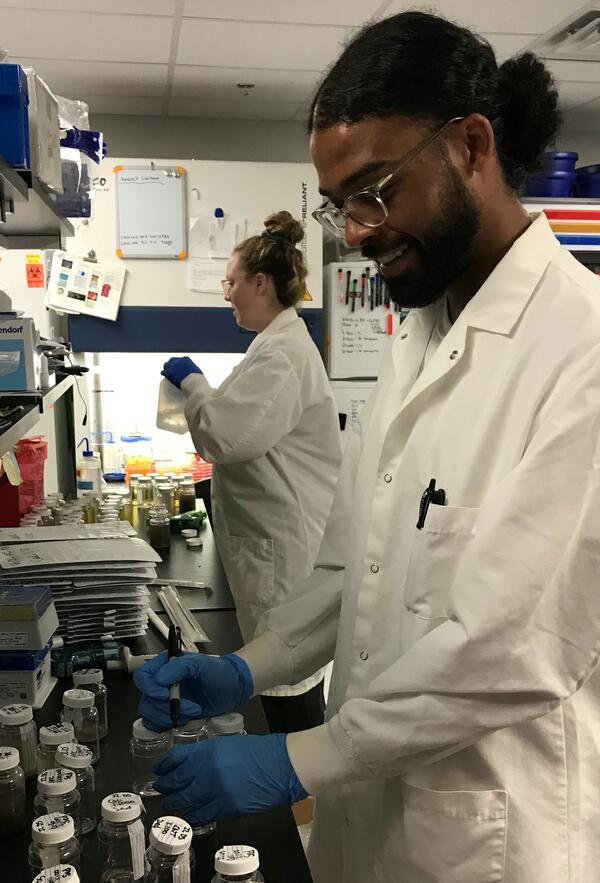 A man and a woman in a laboratory wearing white lab coats and blue gloves preparin samples for analysis to determine bacteria
