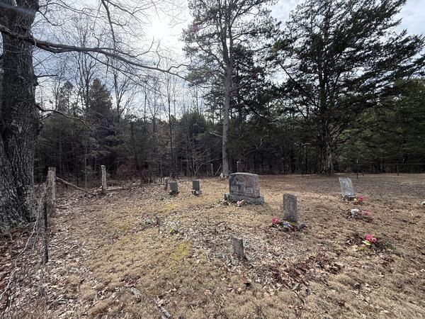 A small, quiet cemetery sits in a clearing bordered by forest, with several old headstones and flower arrangements