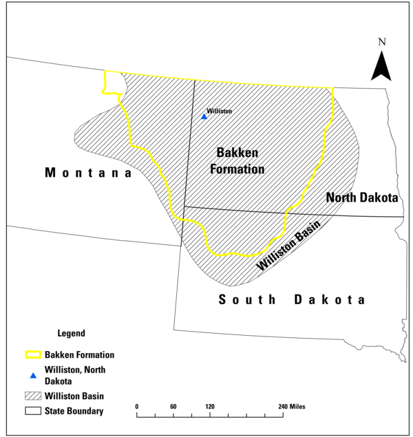 A map of Montana, North Dakota and South Dakota showing the Bakken Formation and Williston Basin