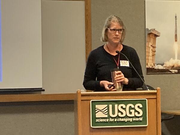 A woman speaks at a wood podium