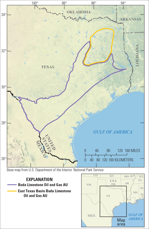 map showing the state of Texas and the Buda Limestone oil and gas AU and the East Texas Buda Limestone oil and gas AU