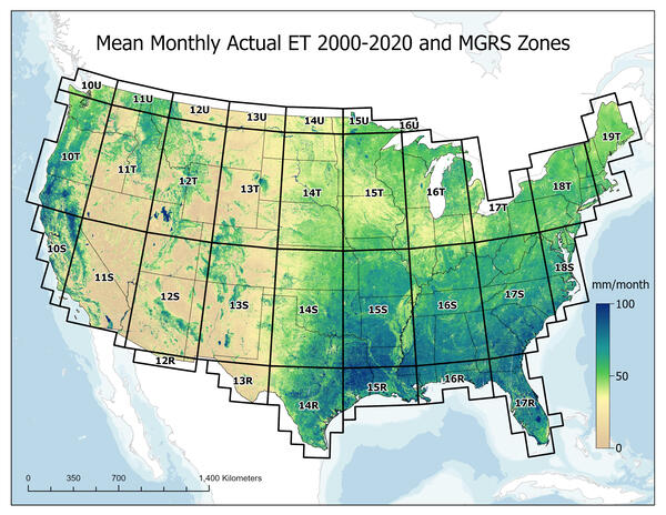 map of the USA with greens and yellows indicating evapotranspiration levels
