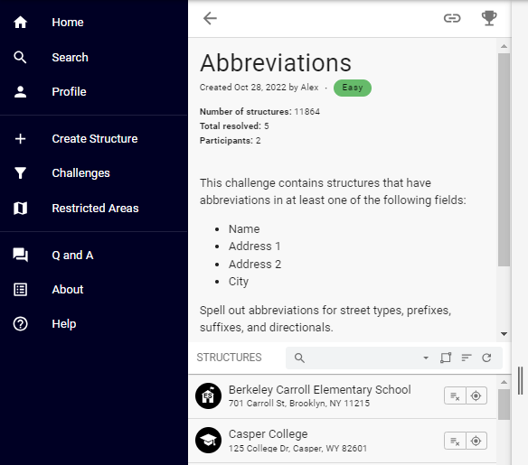 Details view for the Abbreviations map challenge