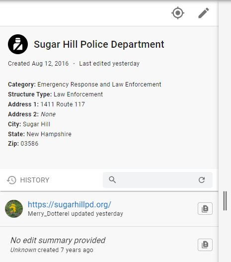 Edit history window for the point Sugar Hill Police Department
