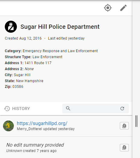 Edit history window for the point Sugar Hill Police Department 