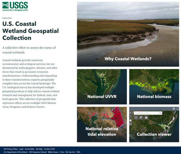 USGS logo, U.S. Coastal Wetland Geospatial Collection title and intro text on left. Links to interactive maps on the right