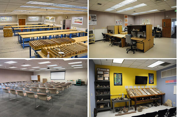 Four views of the CRC a table with core boxes on them workstation desks, a conference room with chairs, a room with rock core