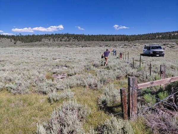 Man carrying a sensor box trailing a wire from a water well, in a wide sagebrush plain surrounded by low vegetation and forest in the background.