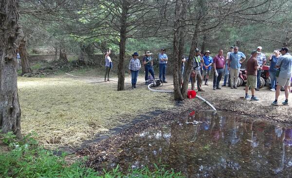 15 people stand next to a bioreactor, a dam in a spring-fed creek made up of woodchips, soil, and straw.