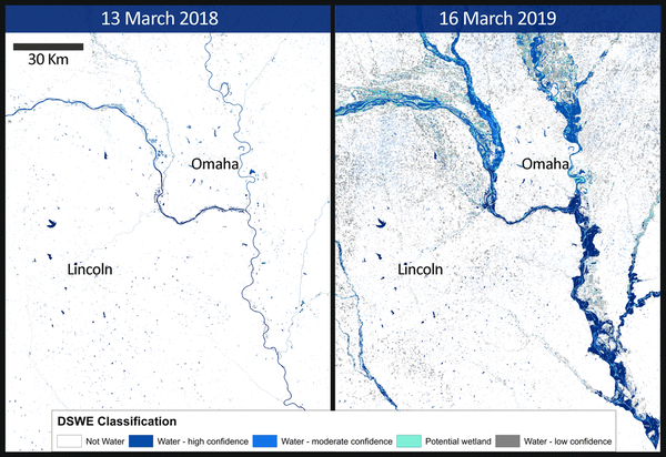 Animation showing Omaha, Nebraska area, using Landsat Level-3 Dynamic Surface Water Extent product