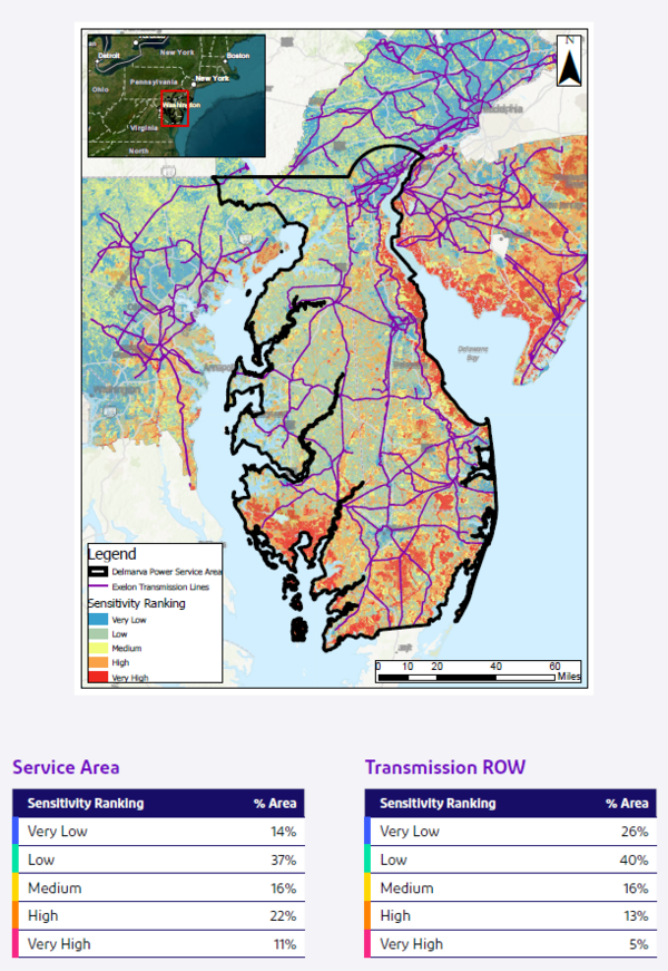 A colorful infographic with a map of Delaware and eastern Maryland with a black outline, purple lines and legend