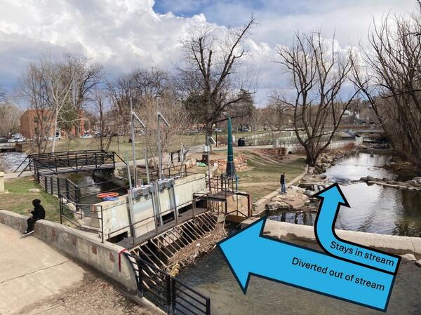 Water flow area in an urban setting. Two blue arrows are overlaid the image indicating the direction of water flow diverted out of the stream and the direction of water staying in the stream