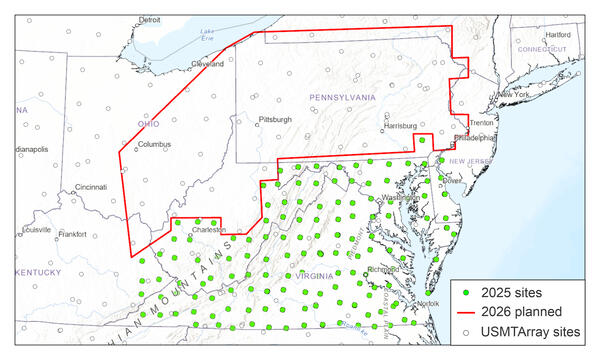 The United States Magnetotelluric Array expanding stations to the eastern coast.