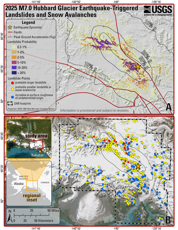 Map showing the earthquake epicenter and landslide probability and landslide points