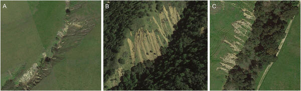 Examples of areas where shallow landslides were mapped as being in contact with stream channels, East Bay