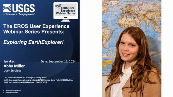 On the left, a title page with text in white; on the right, a woman standing in front of a world map