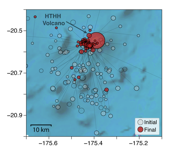 blue map with red and clear circles for earthquakes