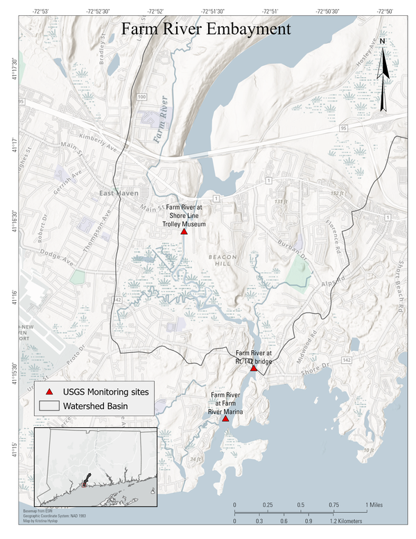 Map of Farm River embayment and water quality site locations.
