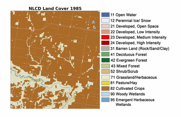 An animated map showing changes in mostly brown and tan with a legend to the right