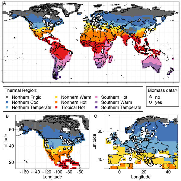 World Map of color coded climate regions, with inset of North America map and Europe Map 