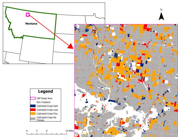 A map of a small part of Montana in various colors 