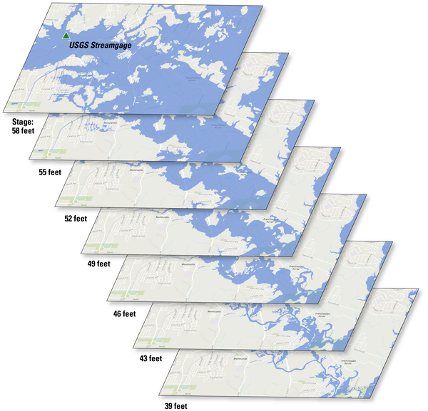 Stack of maps showing expanding flood inundation areas as USGS streamflow stage rises