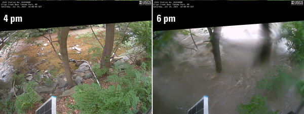 Side by side images show before and during flooding.
