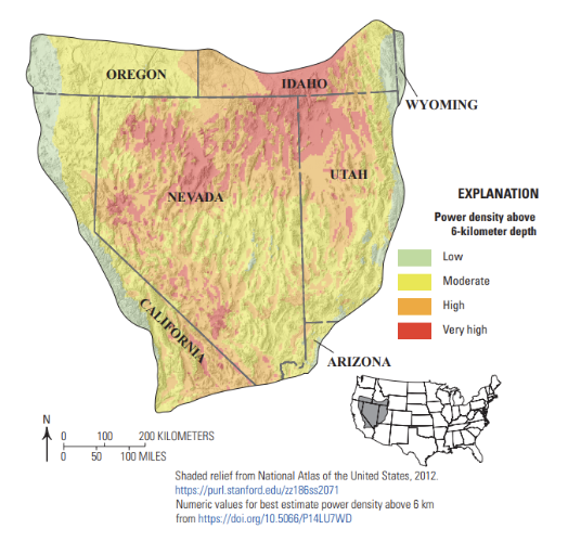 Map of the Great Basin of Nevada and surrounding states, colored from green to red to show potential for enhanced geothermal system potential.