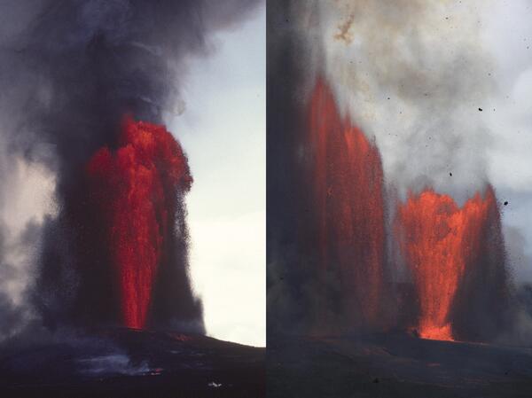 Color photographs of lava fountains during two different eruptions