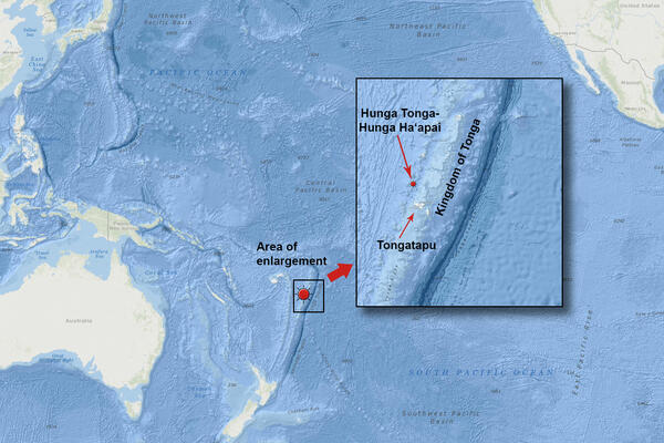 Map of the Pacific Ocean pointing to locations in Tonga where a volcano erupted.