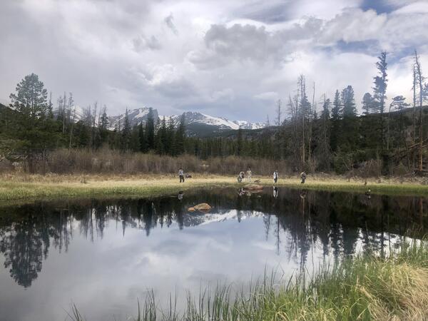 photo researchers working around a pond, mountains in the background