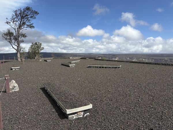 Color photograph of volcanic fallout on overlook