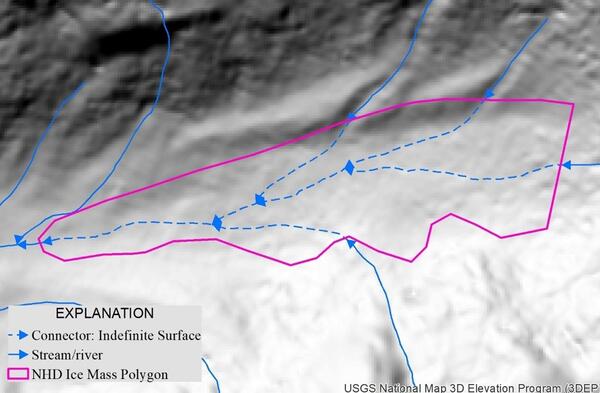 A hilly area with an ice mass polygon and indefinite surface connector hydro lines.