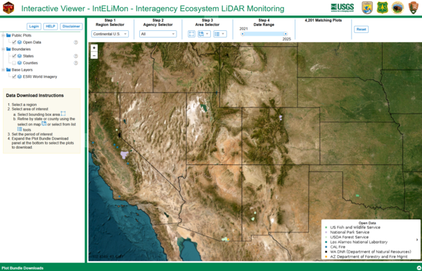A screenshot of an interactive map tool called the Interagency Ecosystem LiDAR Monitoring (IntELiMon) 