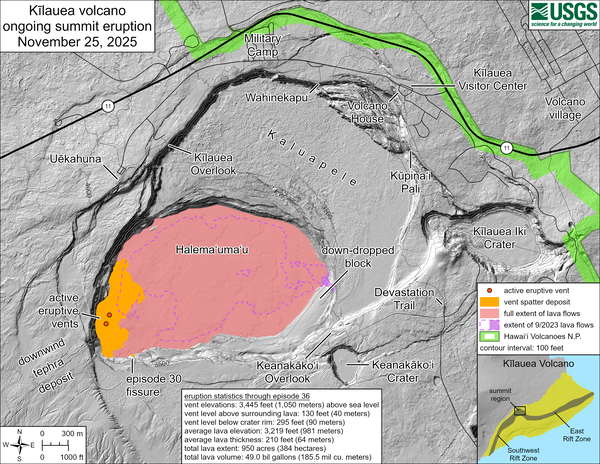 Color map showing area covered by lava flows in recent volcanic eruption