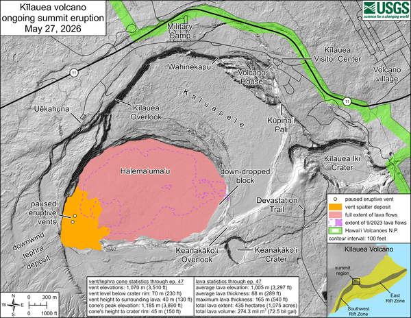Color map showing area covered by lava flows in recent volcanic eruption