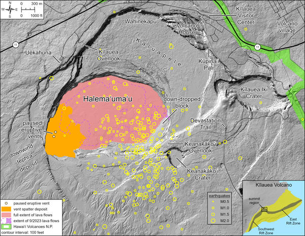 Color map showing location of earthquakes in area of volcano summit that has recently erupted