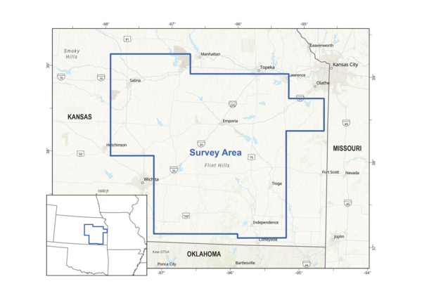 Map showing the location of the survey (blue polygon) over eastern Kansas