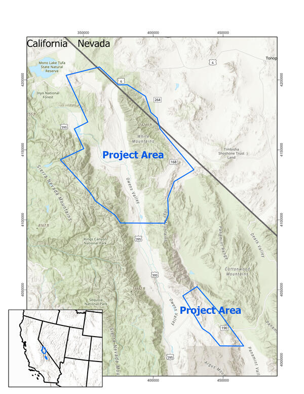 Map showing blue polygon over eastern California and a small part of Nevada.