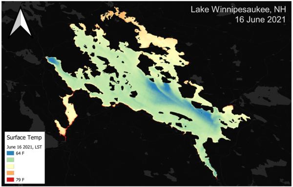 map showing water temperature in Lake Winnipesaukee, NH