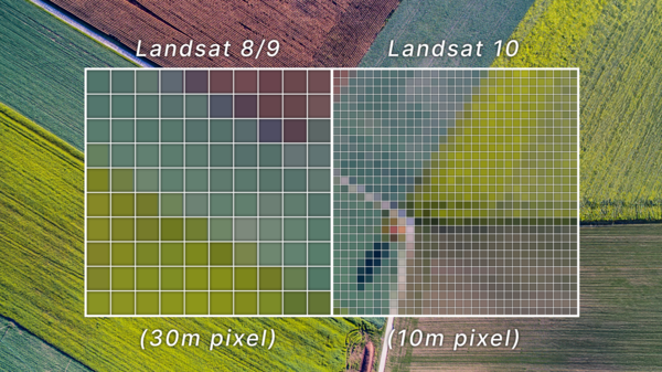 Comparison graphic showing Landsat 8/9 30-meter pixels versus Landsat 10 10-meter pixels over farmland