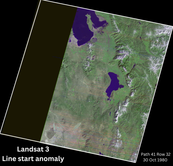 Landsat 3 image showing a line start anomaly, that removes about 1/3 of the image 