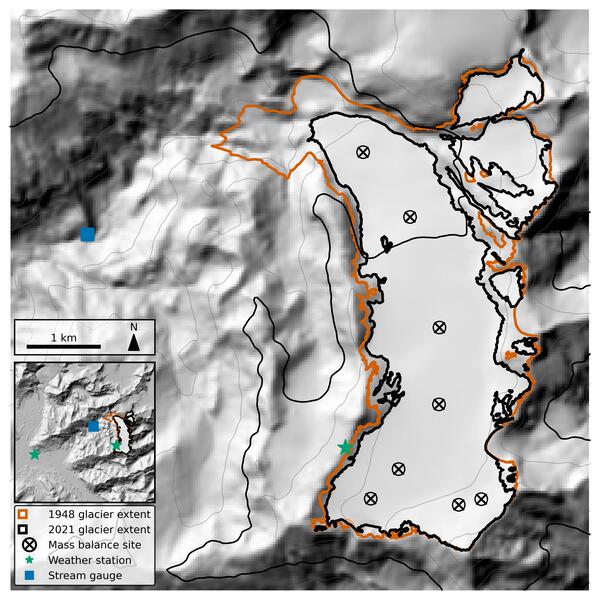  Map of Lemon Creek Glacier showing the location of mass balance sites (black circle with x), weather stations (green stars).