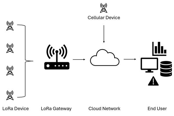 Schematic showing the flow of data as it is measured in the field to the end user using LoRa technology