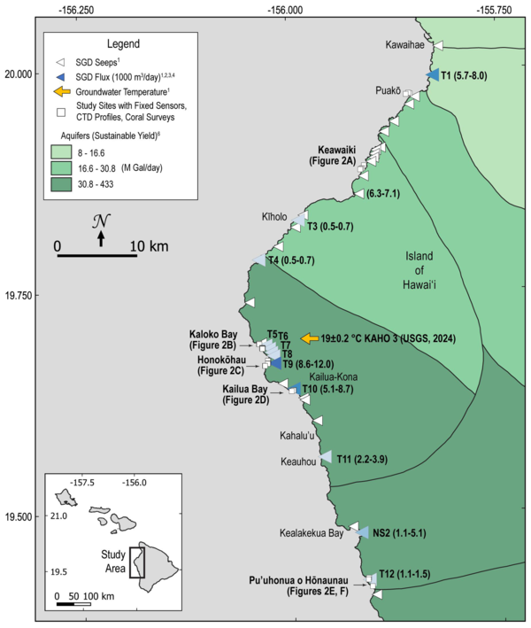 Map showing locations of mapped groundwater seeps in western Big Island, Hawaii